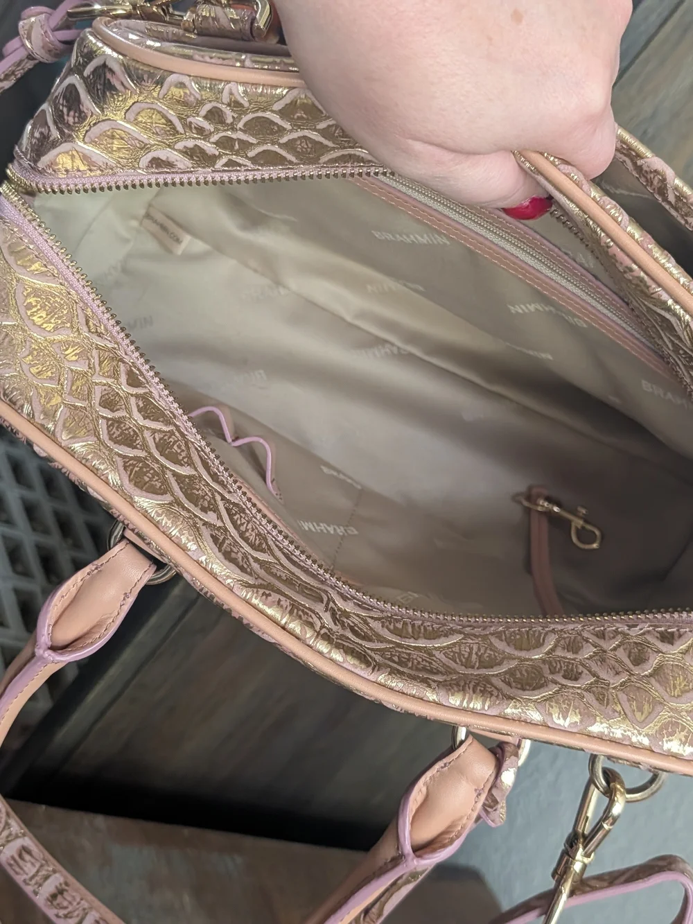 Brahmin Metallic Rose Gold Embossed Satchel